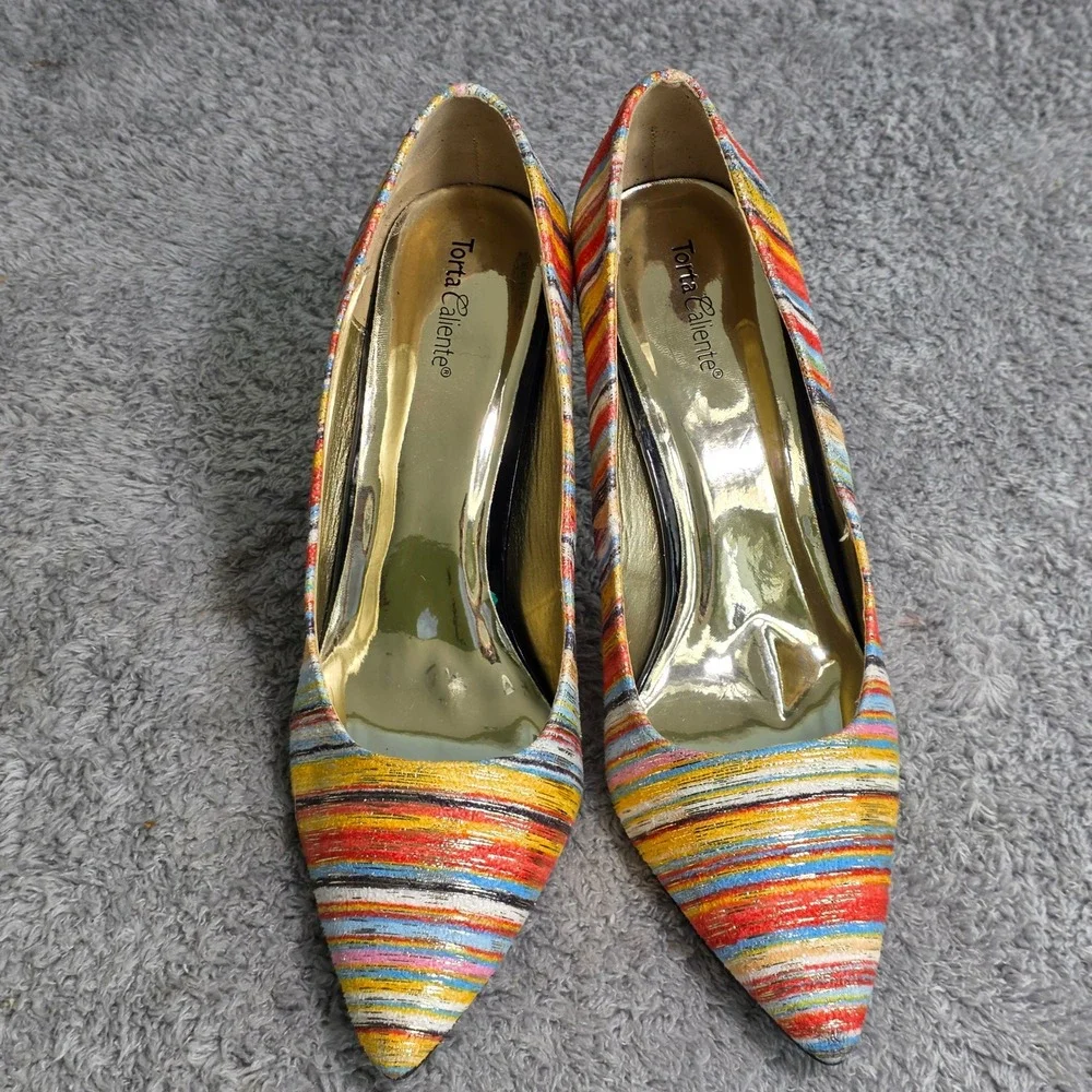 Torta‎ Caliente Pumps Gold Orange Teal Striped Pointed Toe Heels Womens 10M NEW